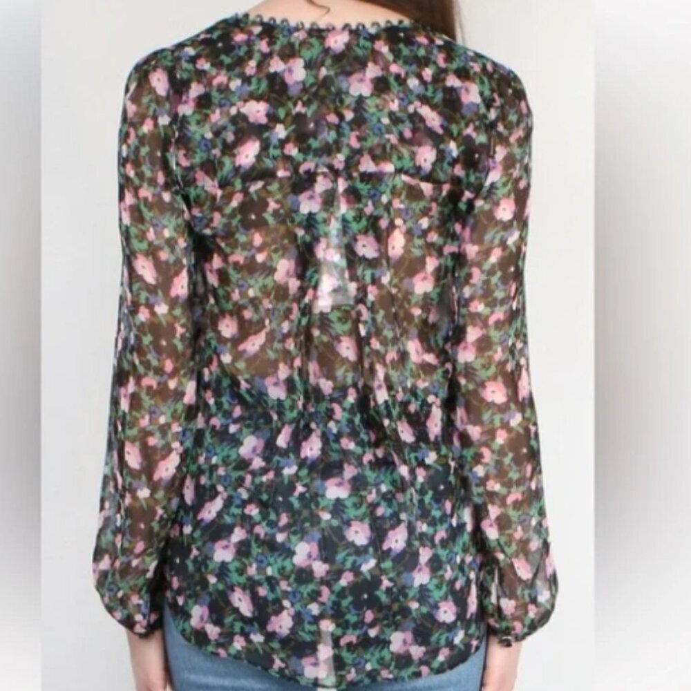 Veronica Beard Lowell Blouse- Floral Sheer 100% Silk Blouse - Black and Pink - Picture 2 of 10